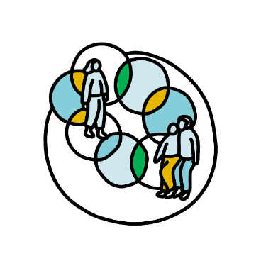 People walking in bubbles