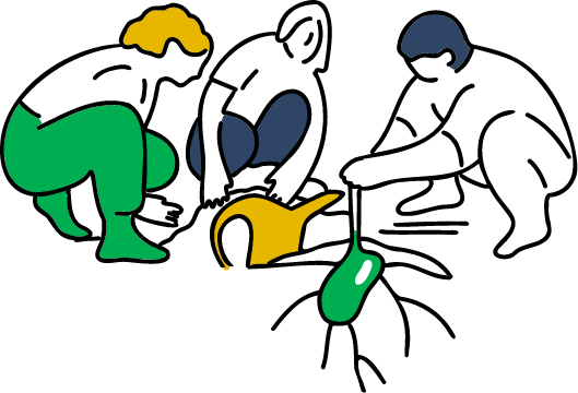 Several people water a plant