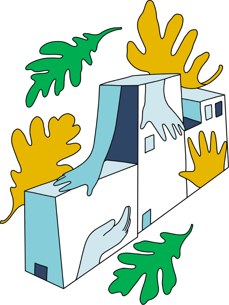 Illustration of leaves surrounding a housing complex with hands holding them