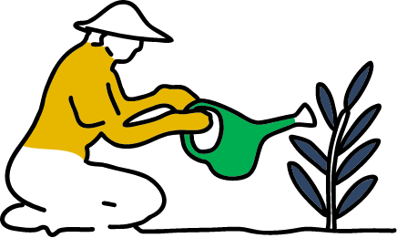 A person with a hat watering a growing plant