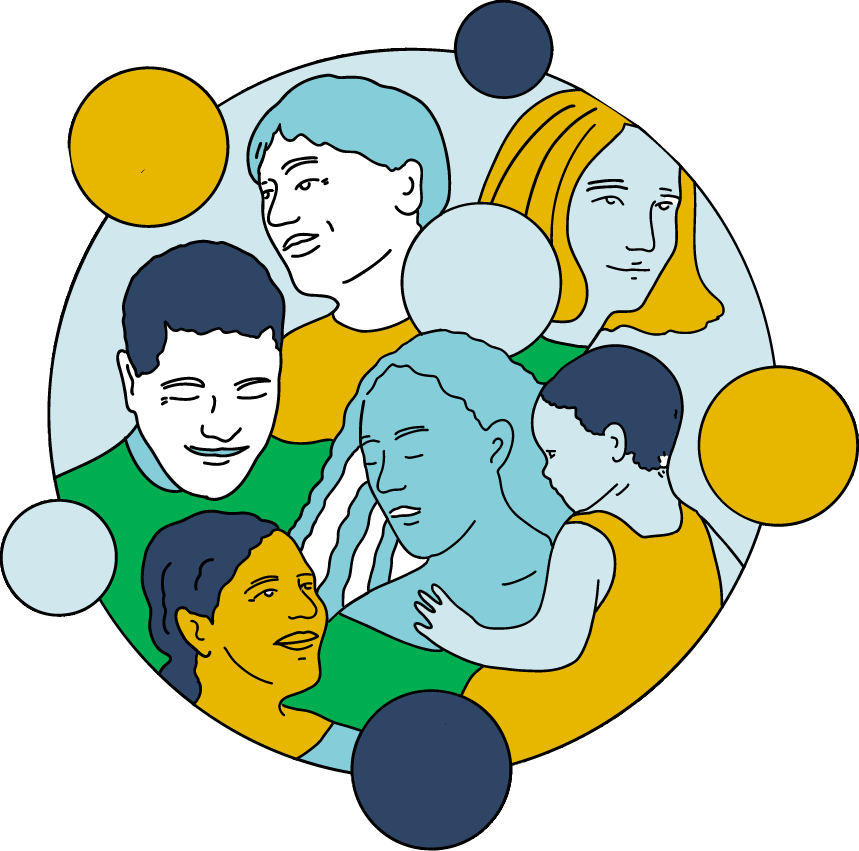 An illustration of different people and a child smiling