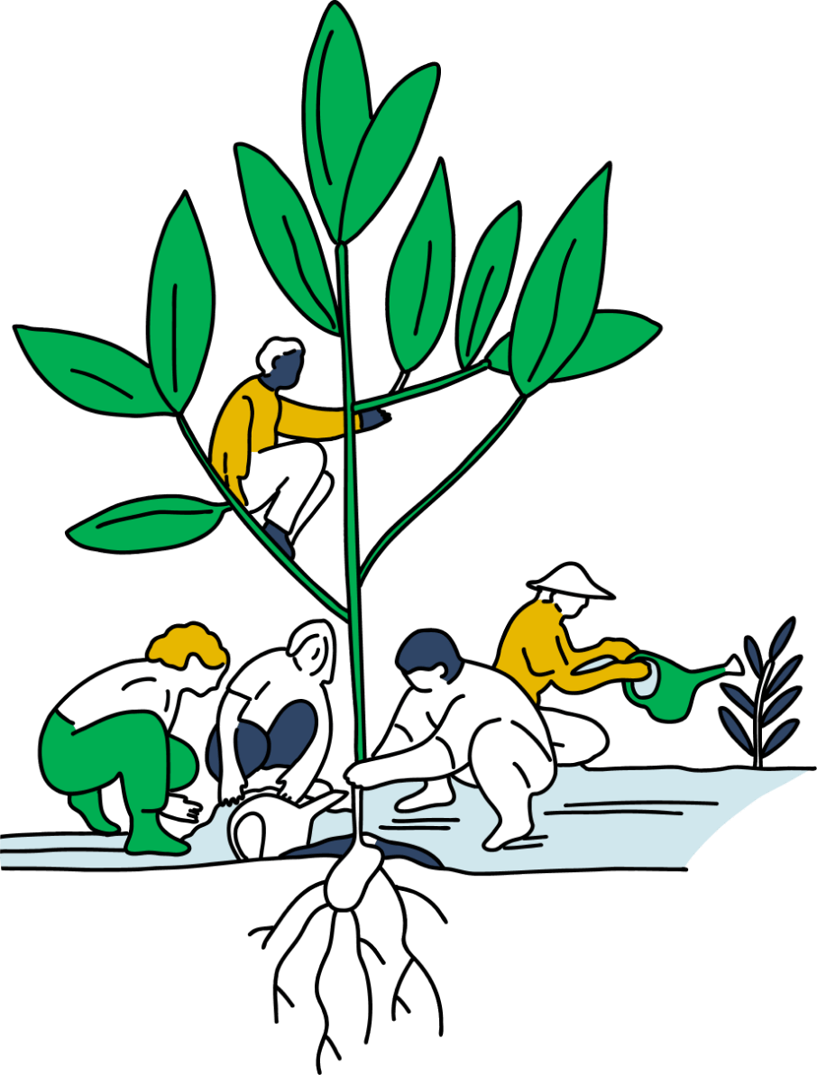 An illustration of growing tree with green leaves and people planting it and one person sitting on top of it