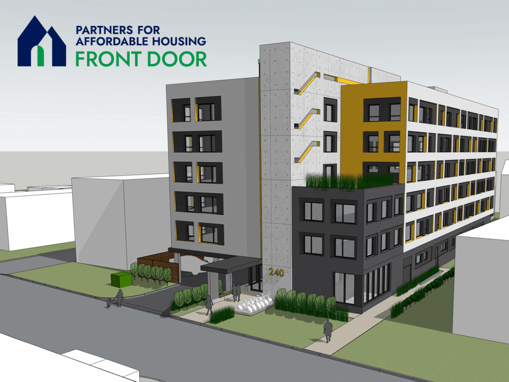 Cover image for Step Through Our Front Door Article, which features a 3D rendering of an affordable housing project with the Partners for Affordable Housing Front Door logo