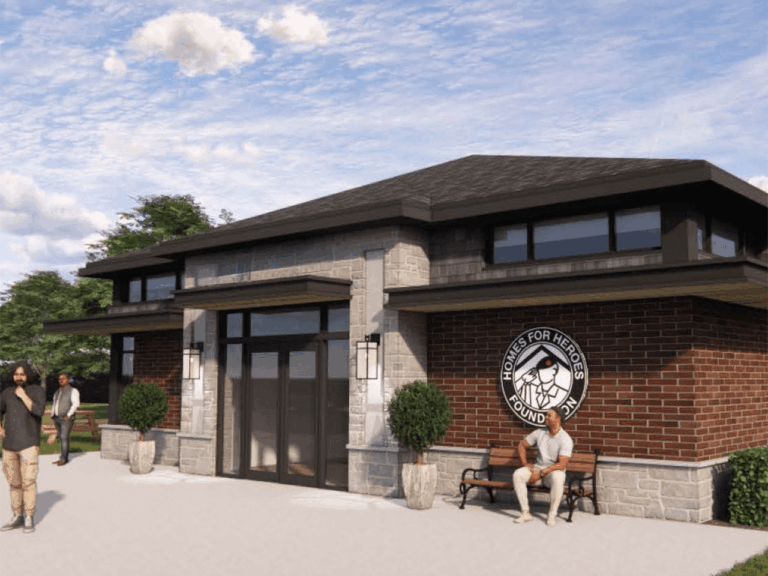 3D rendering of the exterior of an affordable housing facility by Homes for Heroes Foundation.
