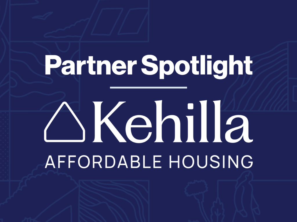 Graphic with dark blue background reading “Partner Spotlight: Kehilla Affordable Housing” with a simple house icon beside the Kehilla name.