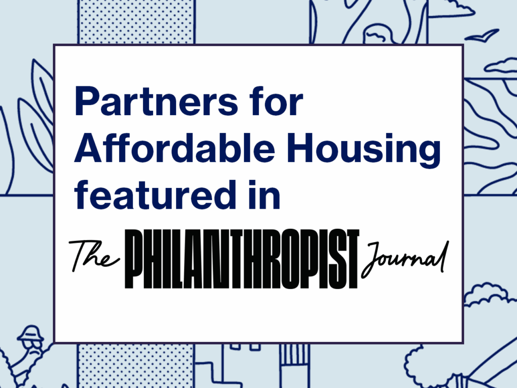 Cover graphic with the headline ‘Partners for Affordable Housing featured in The Philanthropist Journal,’ displayed in bold navy and black text on a white background with light blue illustrated patterns.