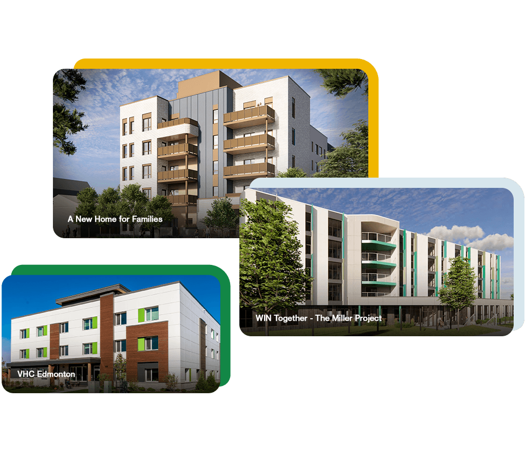 Graphic featuring three housing projects that are listed on Front Door: A New Home for Families, WIN Together - The Miller Project, and VHC Edmonton