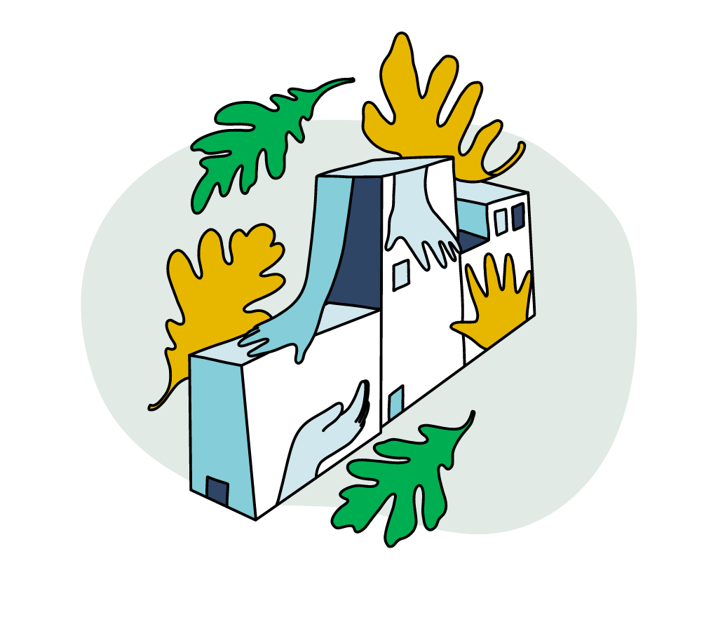 Illustration of leaves surrounding a housing complex with hands holding them