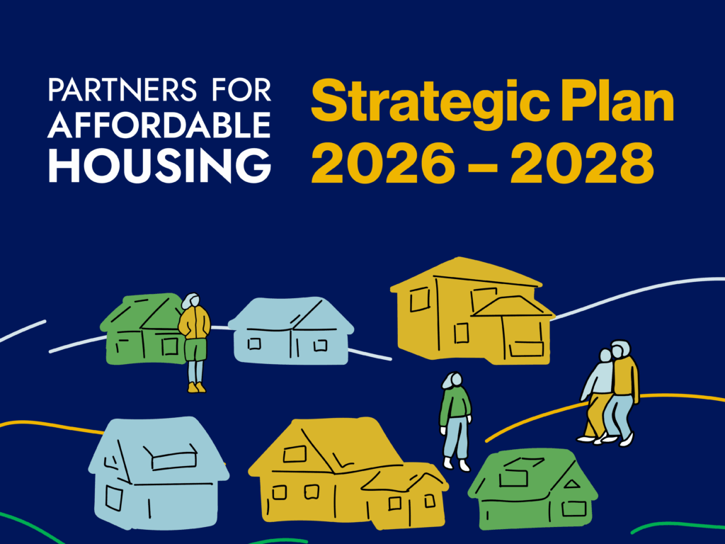 Cover of the Partners for Affordable Housing Strategic Plan 2026–2028, featuring illustrated houses and community members on a dark blue background.