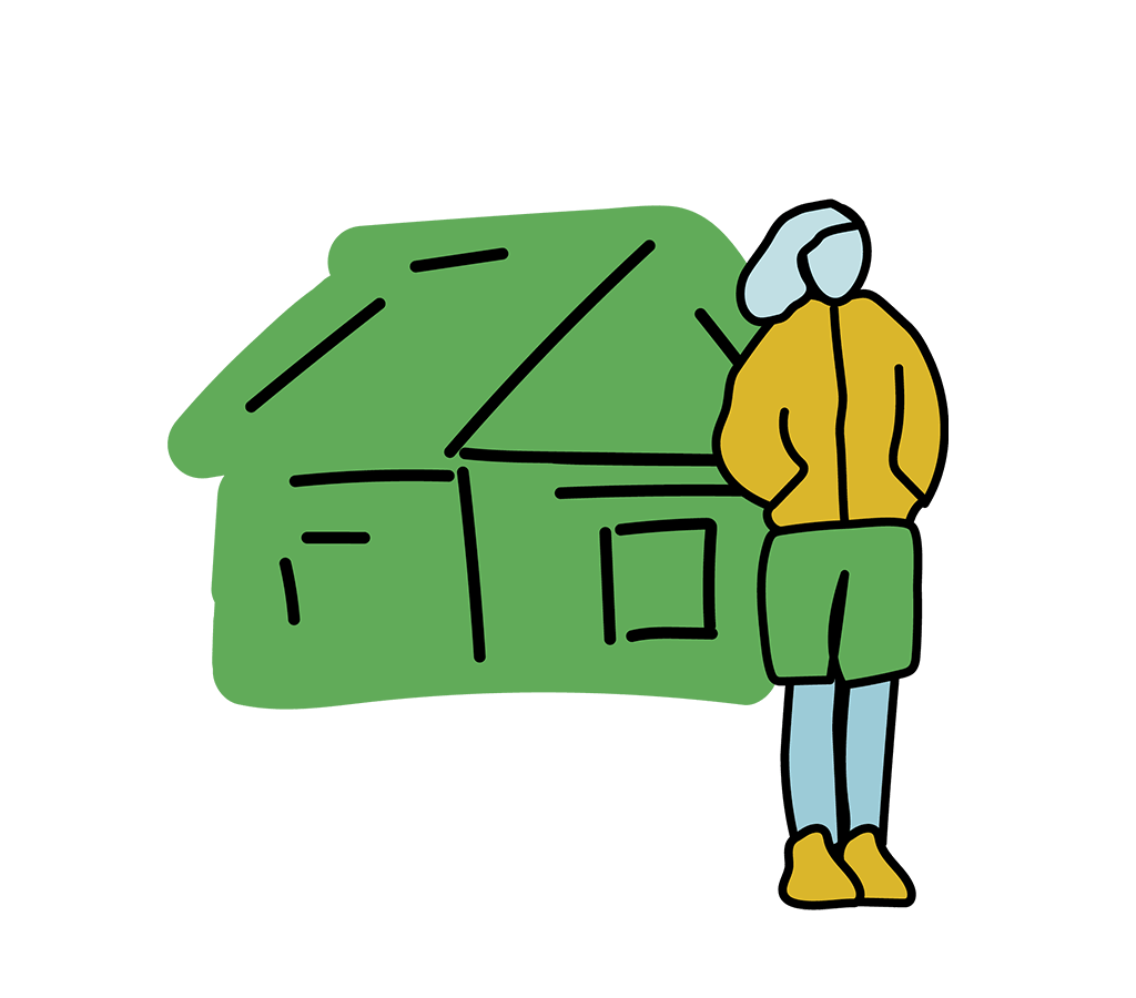Illustrated graphic of a person standing beside a simple green house. The person, shown from the back, wears a yellow jacket, green shorts, and yellow shoes, and appears to be looking away from the house.