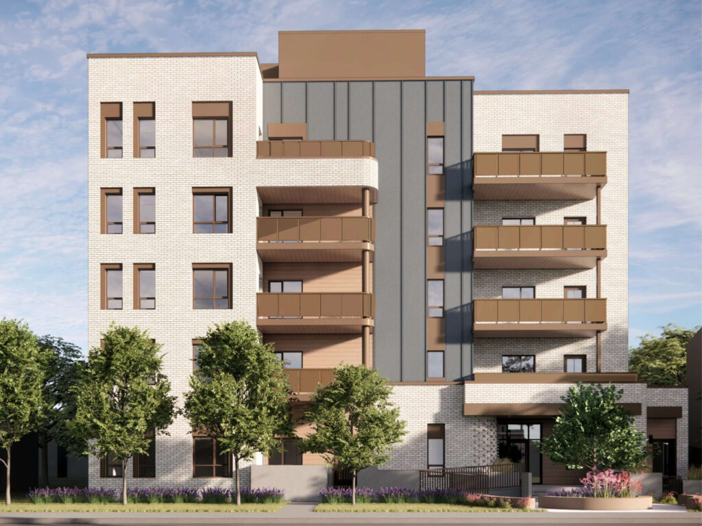 Rendering of A New Home for Families, a multi-storey affordable housing development by Trellis Society, featuring white brick, brown balconies, large windows, and trees along the street.