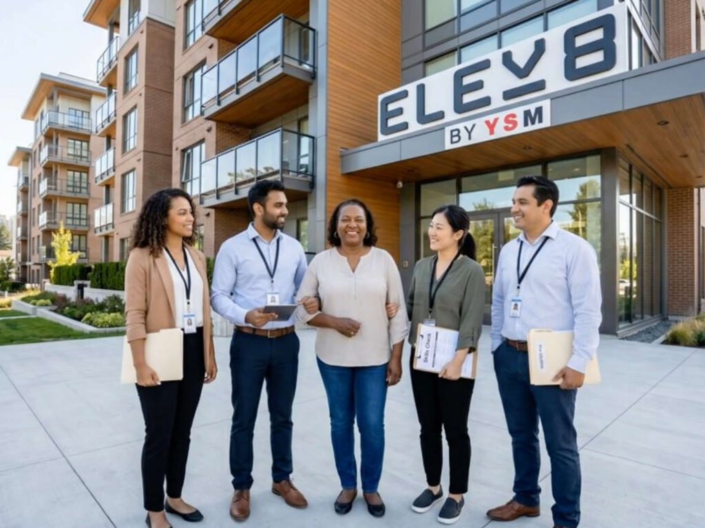 Five people standing and talking outside ELEV8 by YSM, with the multi-storey residential building and ELEV8 signage visible behind them.