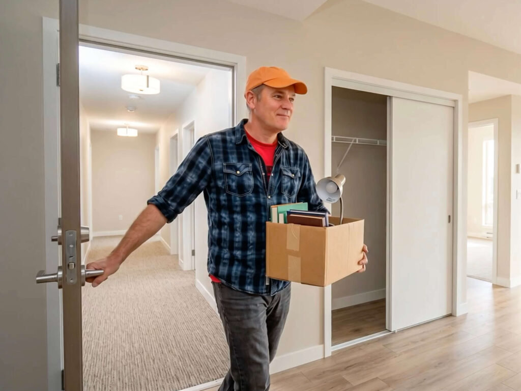 Dave entering an apartment at Genesis Place carrying a box of belongings as he moves toward independent living.