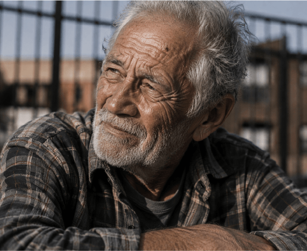 An old man looking at sky while sitting outside
