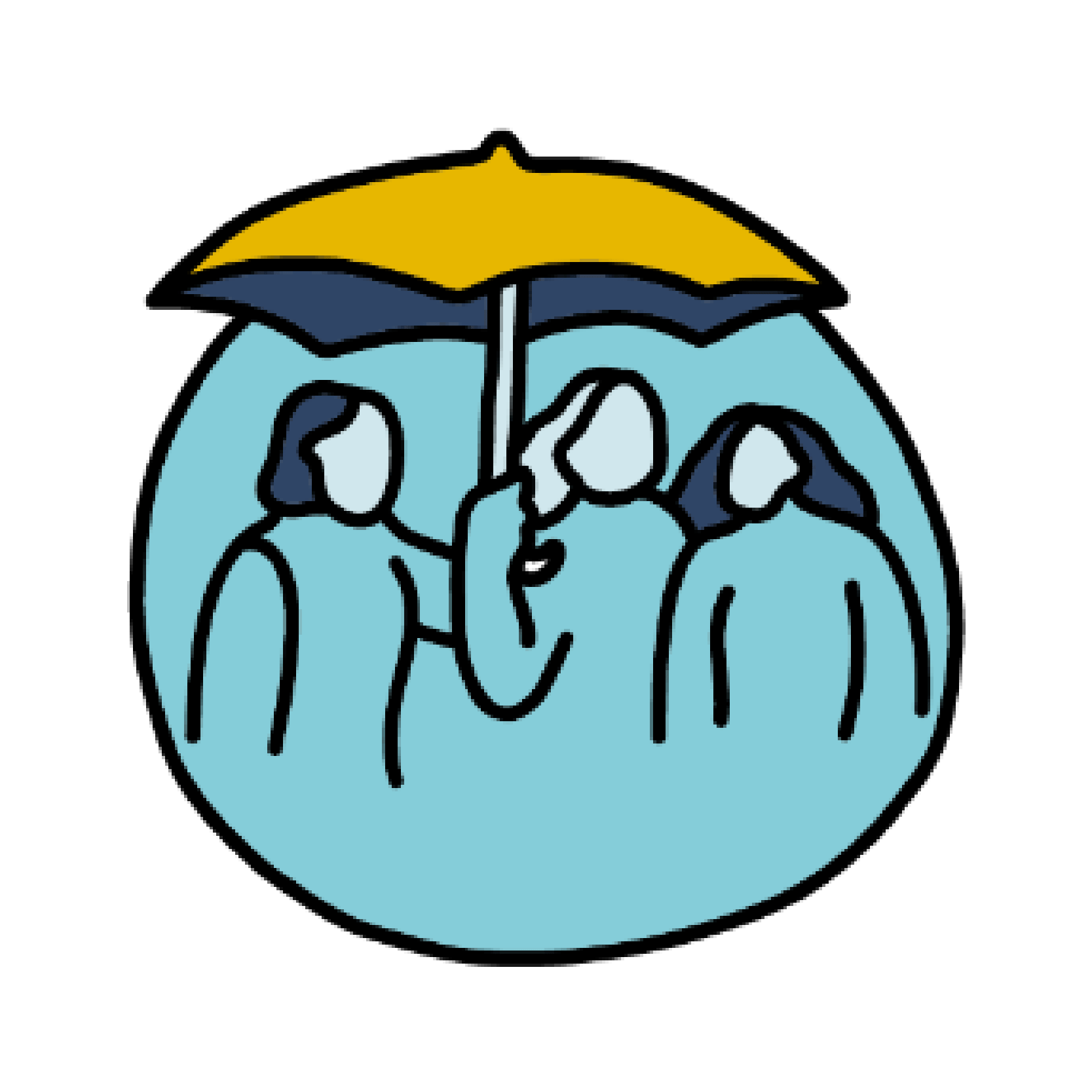 Icon illustration of three individuals standing under a yellow umbrella.